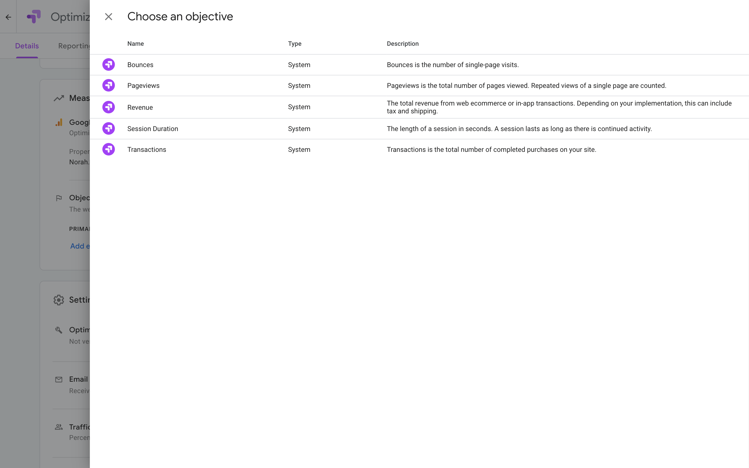 Google Optimize doelen